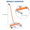 A heavy-duty adjustable tire dolly in orange and silver, showing its dimensions and components.