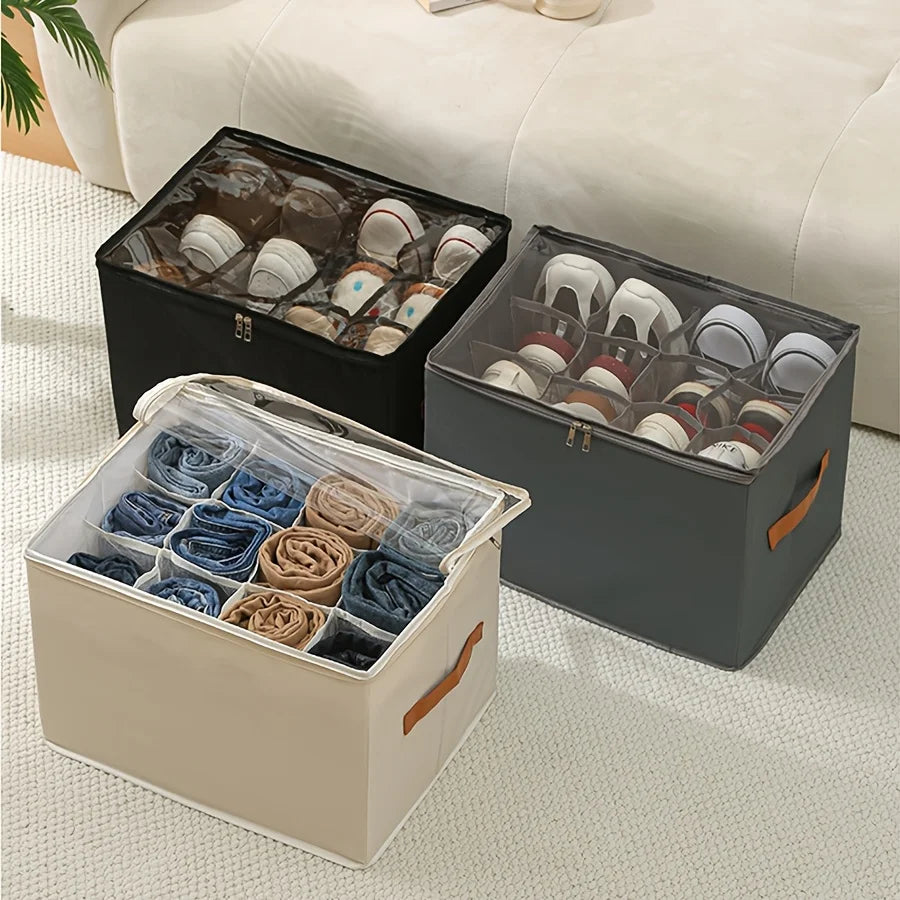 A set of foldable shoe organizers in various colors and materials are displayed on a light-colored surface.