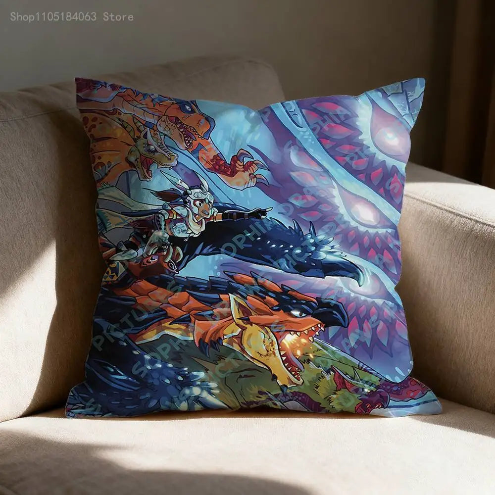 A vibrant illustration of the Monster Hunter Rathalos and Nargacuga printed on a decorative cushion cover.