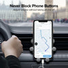A smartphone is mounted on a car dashboard vent using a Gravity Car phone mount for easy volume adjustment.