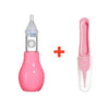 A pink gentle baby nasal aspirator device with a silicone tip and a clear plastic container.