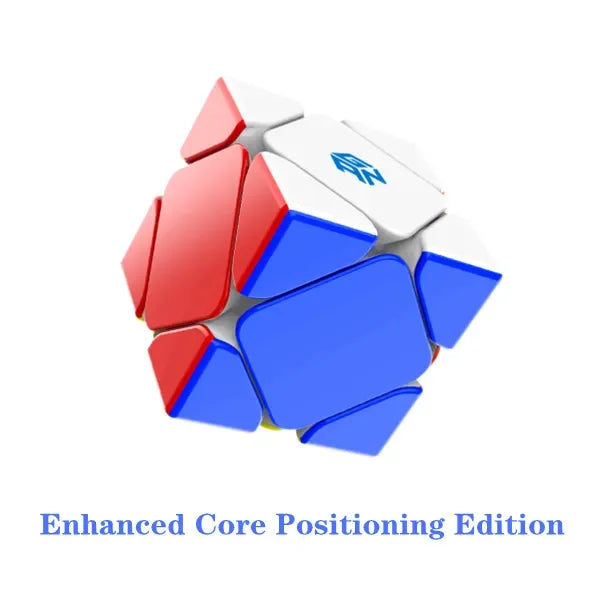A multicolored magnetic speed cube showing various colored faces and a white sticker.
