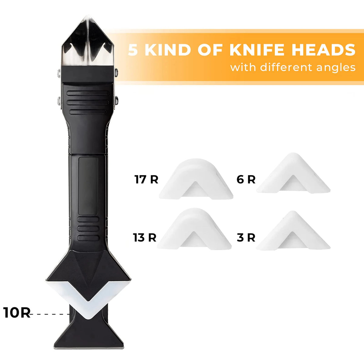 A set of five knife heads with different angles for a caulk tool kit featuring various sizes like 17R, 6R, 13R, 3R, and 10R.