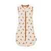 A cream-colored baby sleep sack with orange floral embroidery and a collar.