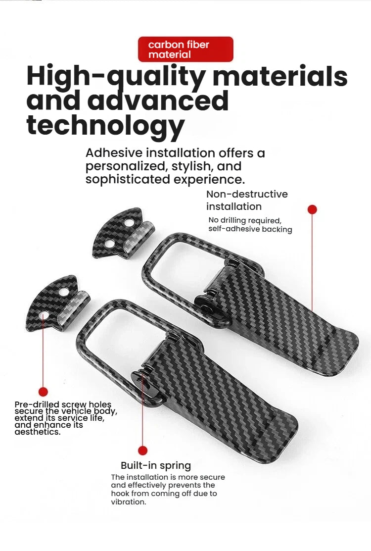 High-quality carbon fiber adhesive installation kit for vehicle hood locks featuring a built-in spring.