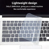 A clear silicone keyboard cover is shown placed on a laptop keyboard, highlighting its lightweight design.