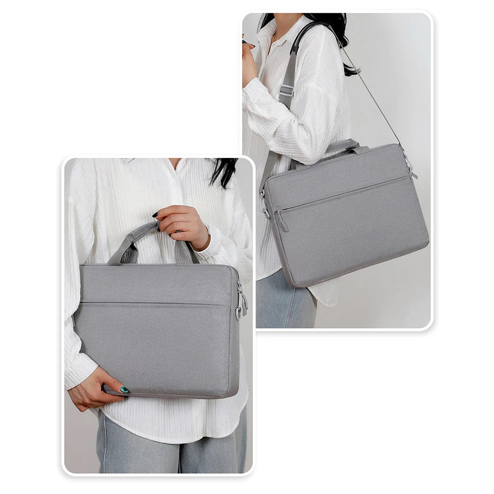 A woman is shown carrying a gray waterproof nylon laptop sleeve for notebooks on her shoulder.