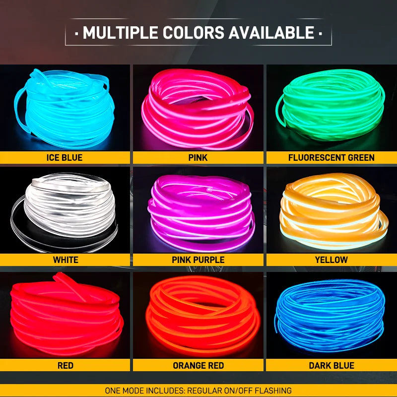 A collection of flexible USB LED neon strips in various colors including ice blue, pink, fluorescent green, white, yellow, re