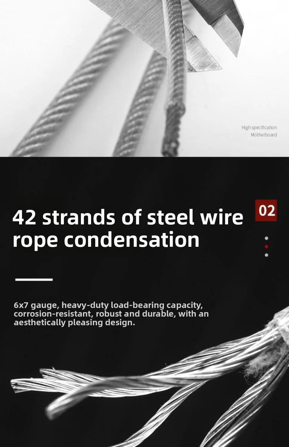 Primer plano de 42 hebras de cable de acero mostrando condensación y un diseño robusto y duradero.