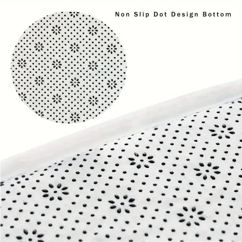 Close-up view of a white non-slip mat with a black dot design on the bottom surface.