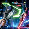 A hand holds a futuristic 2-in-1 light-up sword and axe toy with glowing accents in a neon city background.
