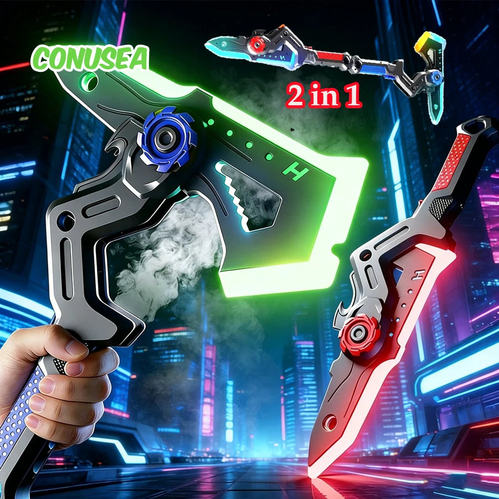 A hand holds a futuristic 2-in-1 light-up sword and axe toy with glowing accents in a neon city background.