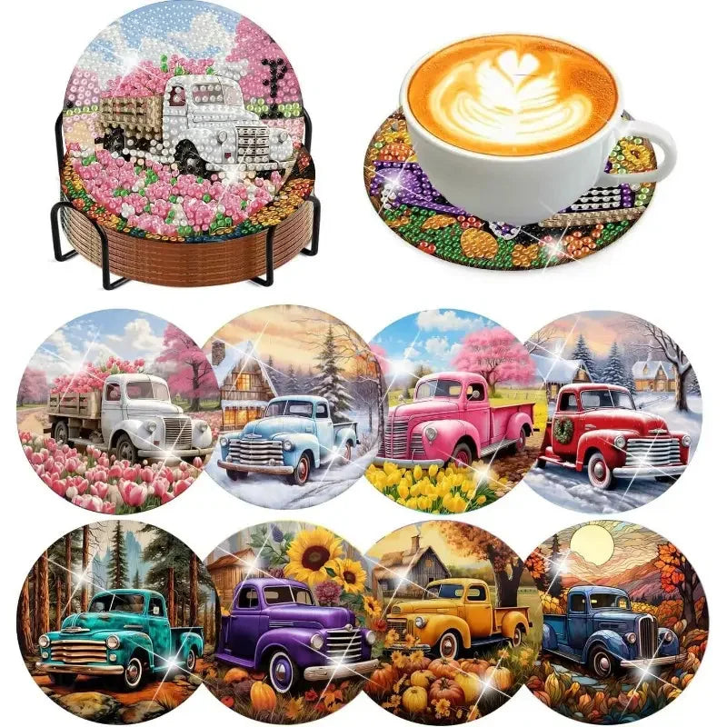 A set of sparkling diamond painting coasters featuring various vintage and modern vehicles.