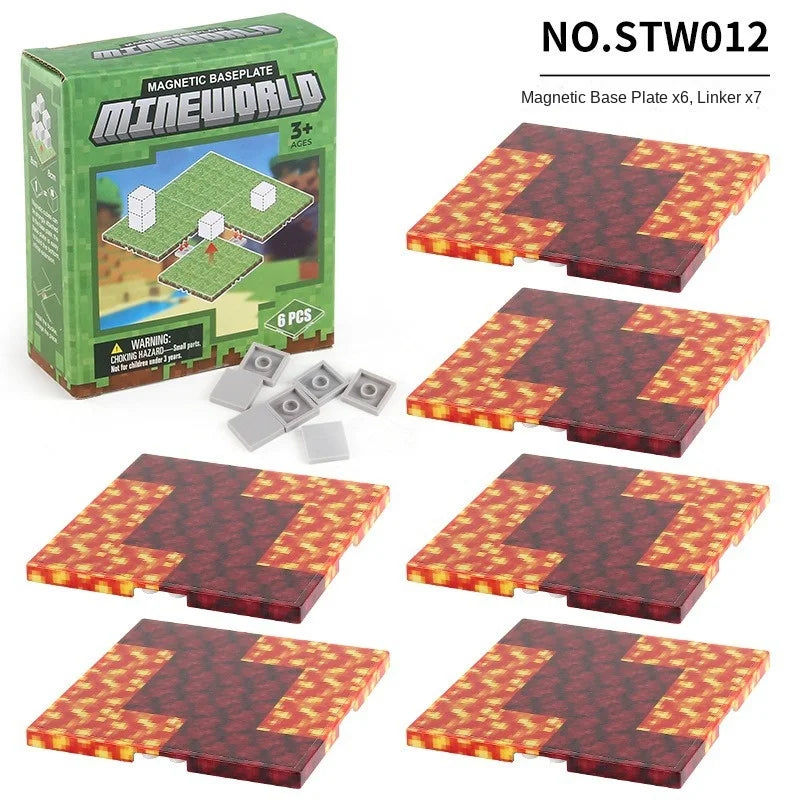 A set of six magnetic base plates for Mineworld building blocks, featuring red and yellow patterned surfaces.