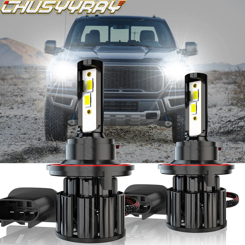 A pair of LED headlight bulbs for a Ford F150 truck shown alongside the installed bulbs.