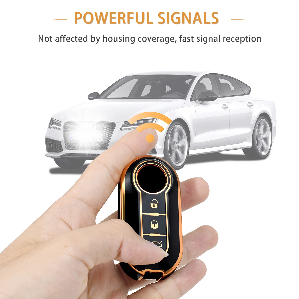 A hand holds an orange and black luxury leather key case with a key inside, demonstrating strong signal reception.