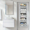 A gray 5-shelf over-the-door hanging storage organizer with various bathroom and personal care items.
