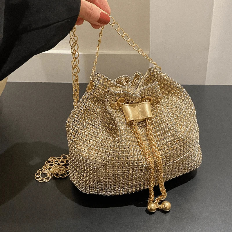 Rhinestone Bucket Crossbody Bag with Detachable Chain Strap