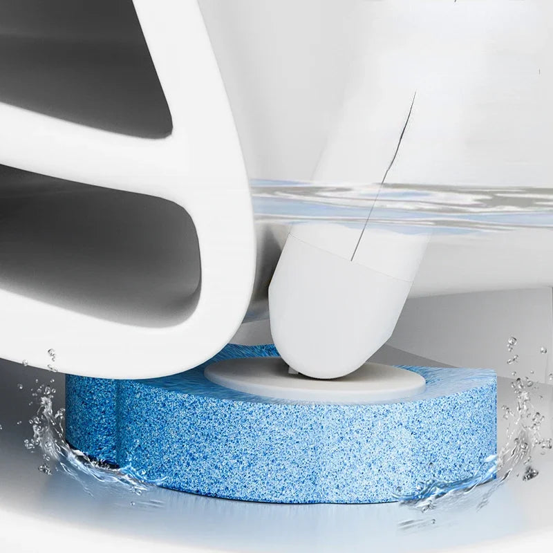 A disposable toilet brush set with a white handle and blue bristles is shown being used in water.