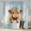 A fluffy brown Highland calf head with blue flowers is featured on a shower curtain design.