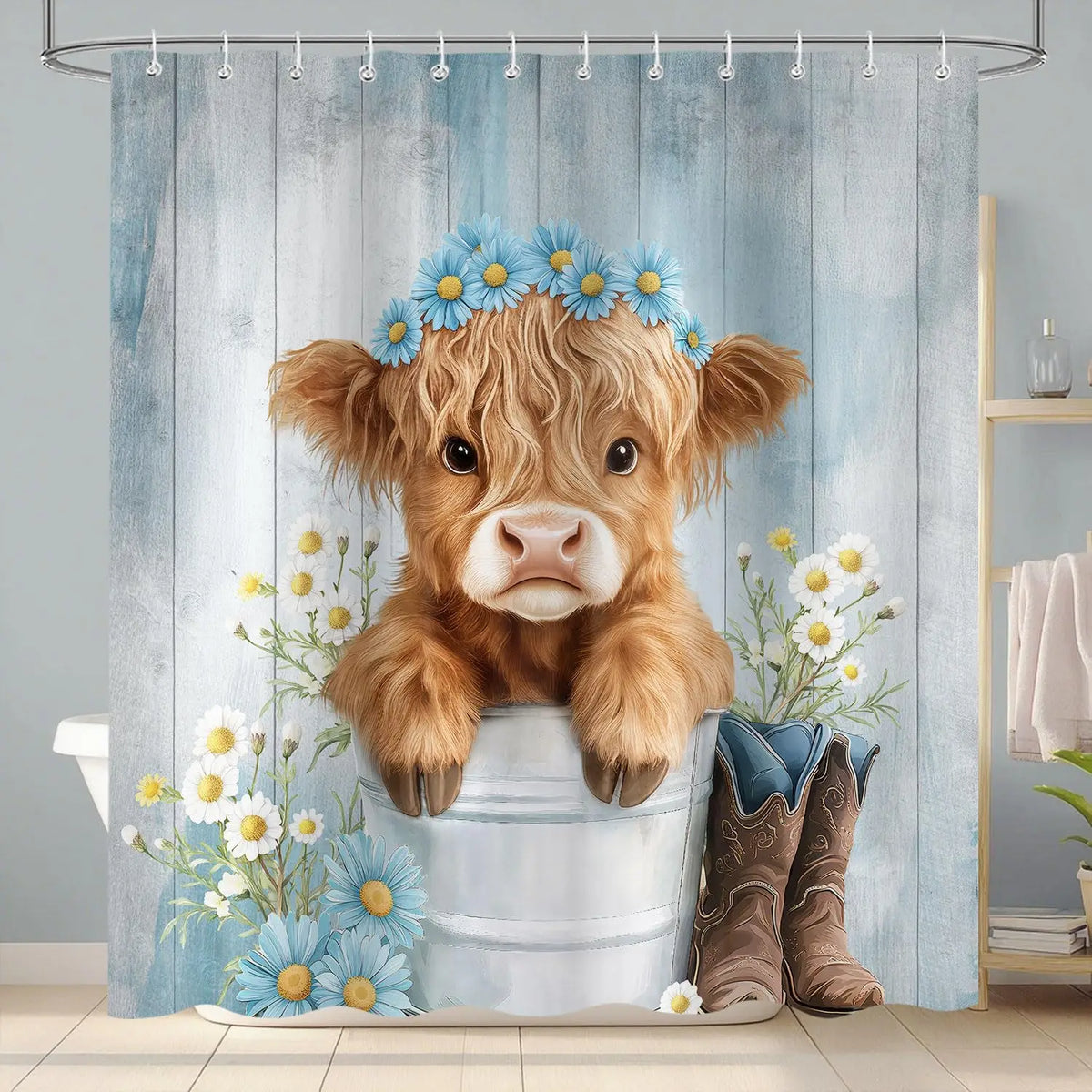A fluffy brown Highland calf head with blue flowers is featured on a shower curtain design.