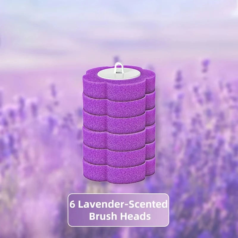 A purple wall-mounted disposable toilet brush set with six lavender-scented brush heads.