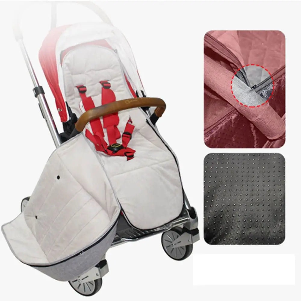 A pink and white waterproof stroller sleeping bag with adjustable fit shown alongside close-ups of the fabric and hardware.