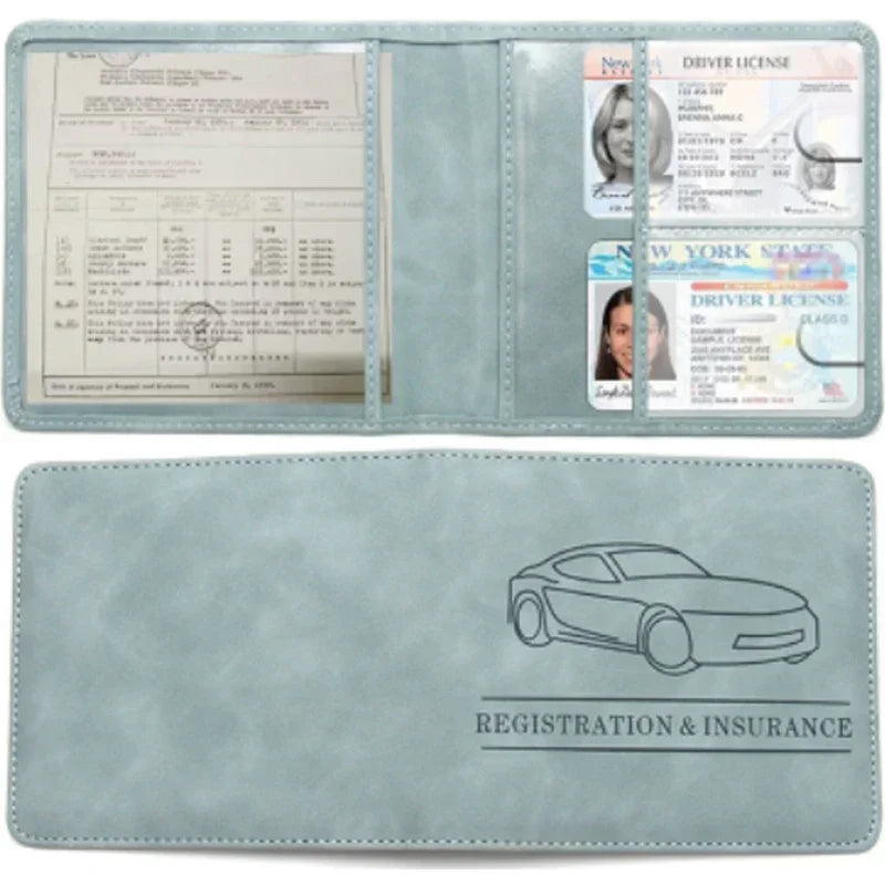 A leather vehicle document holder featuring New York State driver licenses and a registration and insurance card.