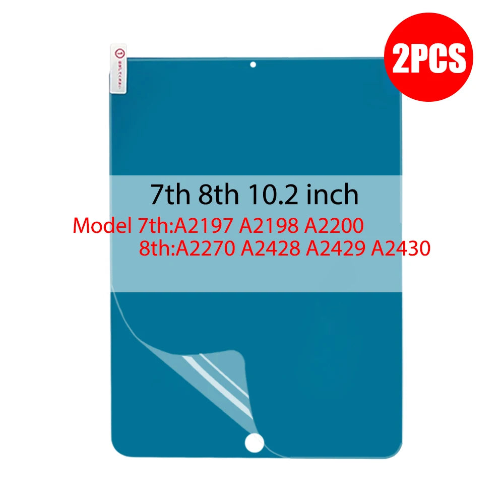 A teal paper-feel matte screen protector for iPad, shown with model numbers for 7th and 8th generation devices.
