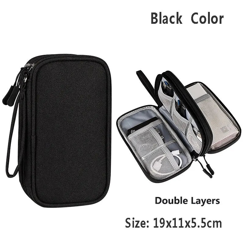 Black waterproof nylon cable organizer travel case with double layers and dimensions 19x11x5.5cm