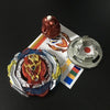 A metal battle spinning top featuring red and blue components, displayed next to a silver disc.
