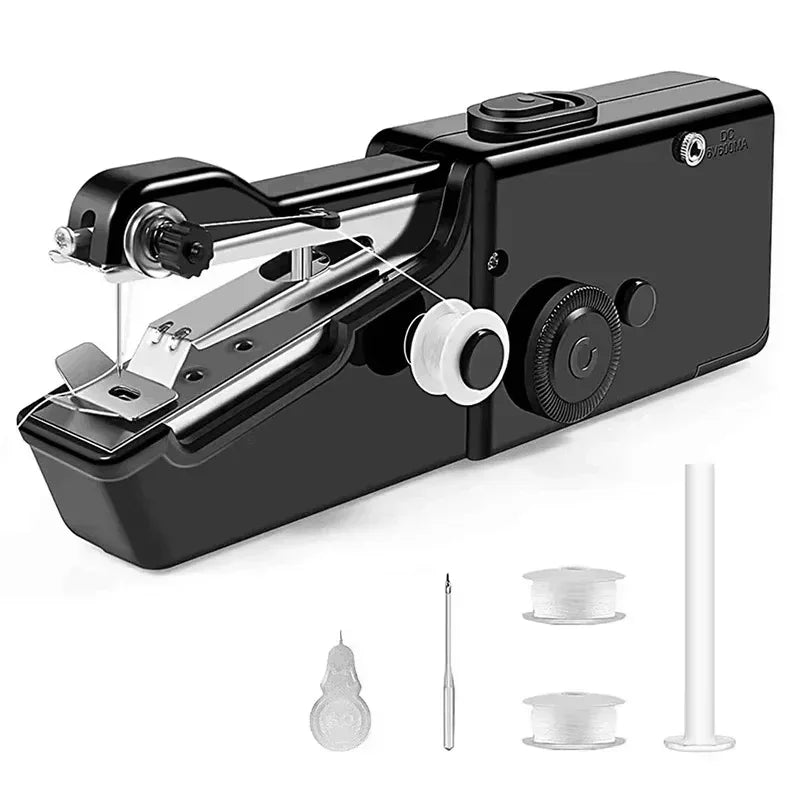 Schwarze portable Handarbeitsmaschine mit Metallnadel und Faden.