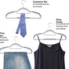 A set of anti-slip heavy-duty plastic hangers with rotating hooks for various clothing items like ties, shirts, and skirts.