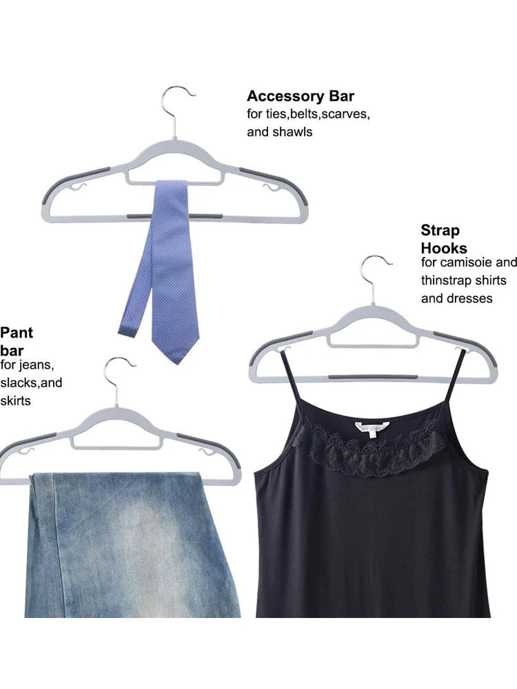 A set of anti-slip heavy-duty plastic hangers with rotating hooks for various clothing items like ties, shirts, and skirts.