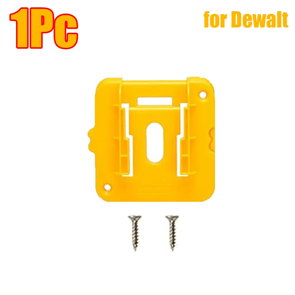 A yellow plastic battery holder with two screws for Dewalt power tools.