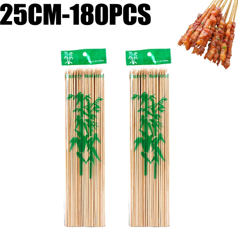 A set of natural bamboo skewers for BBQ and grilling, packaged in a 180-piece quantity.