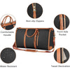 A black and brown foldable travel duffel bag featuring non-slip zippers, a handle, a front side pocket, and tassel decoration