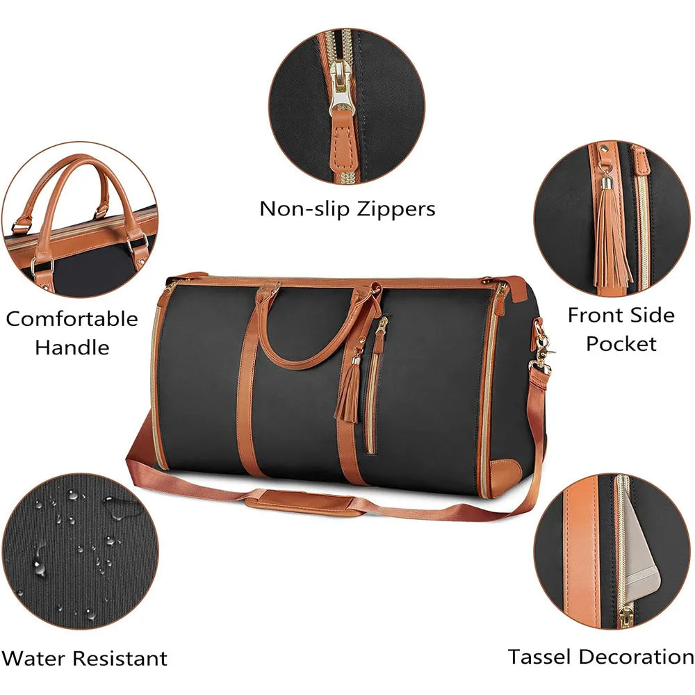 A black and brown foldable travel duffel bag featuring non-slip zippers, a handle, a front side pocket, and tassel decoration
