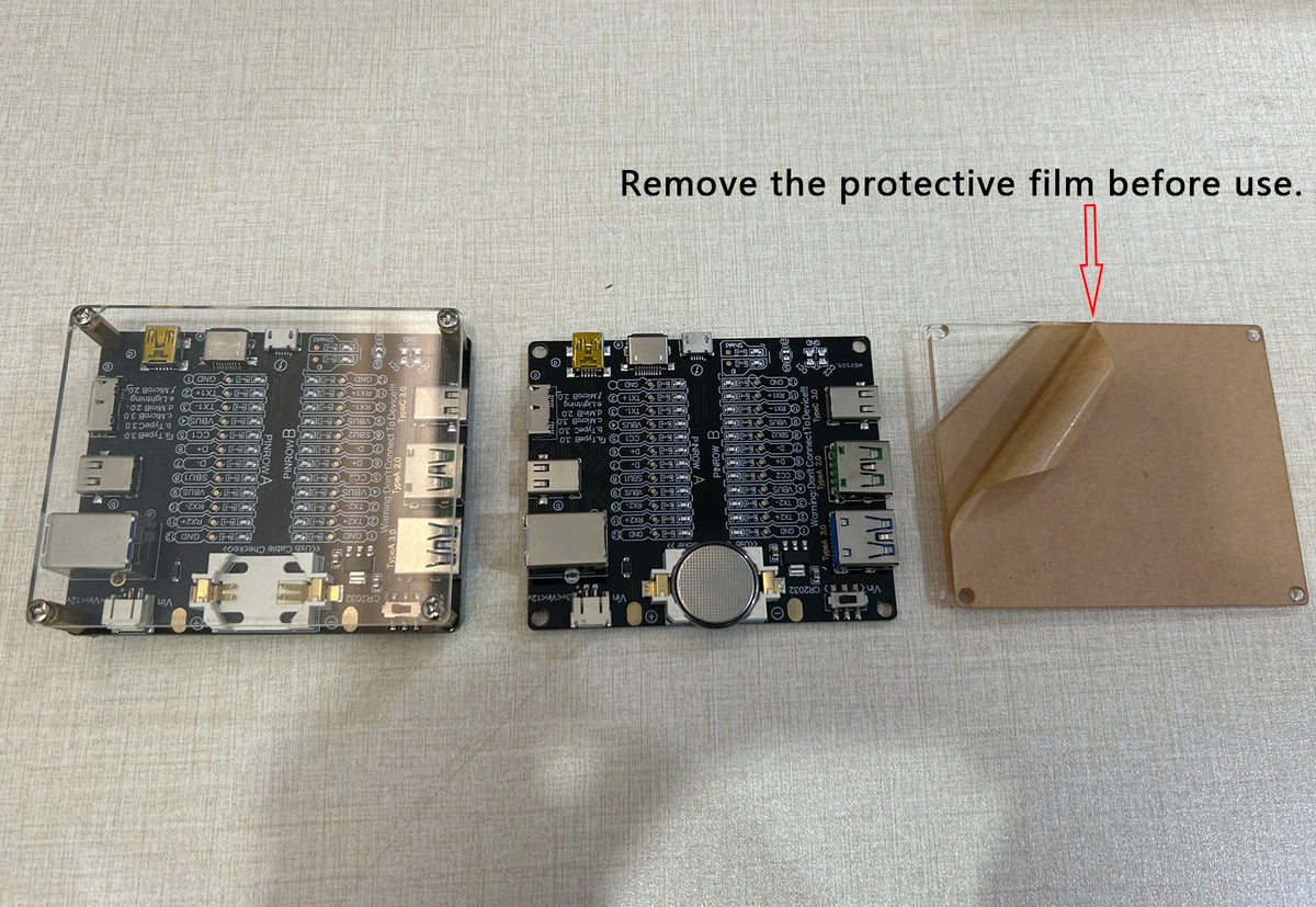 A circuit board and a protective film are shown next to each other with an instruction to remove the film before use.