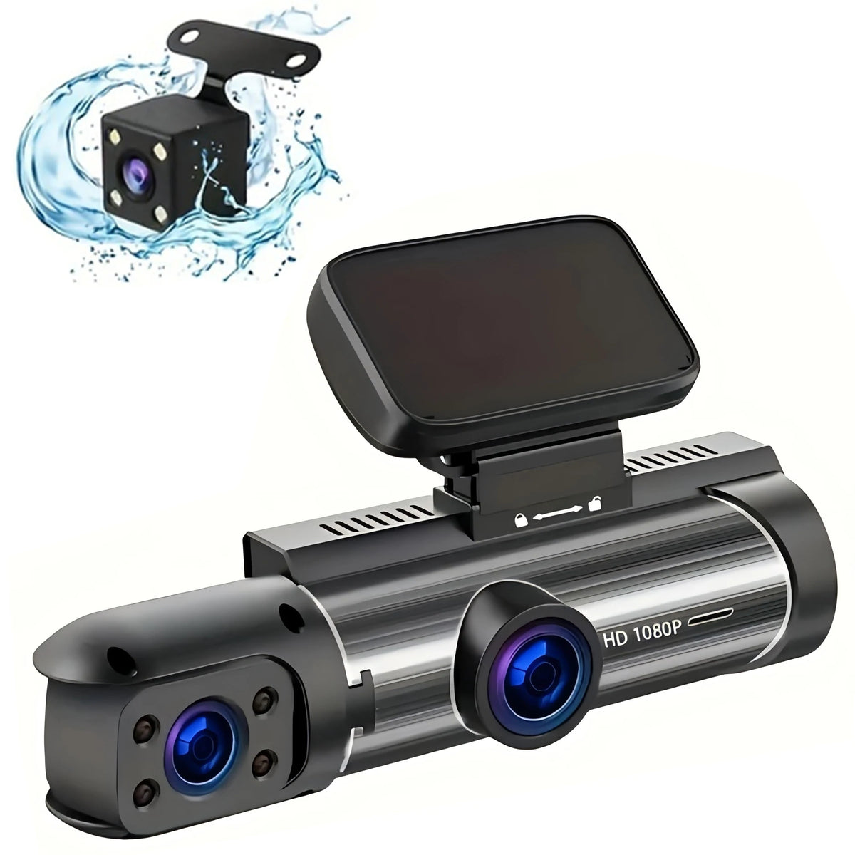 A black dash cam device with a lens and mounting bracket is shown next to a separate camera unit.