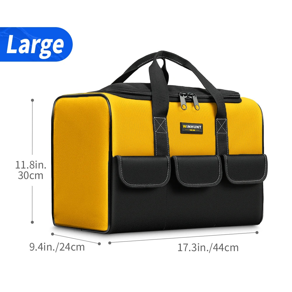 Large yellow and black heavy-duty tool bag with six exterior pockets