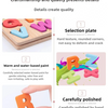 Details of a wooden alphabet puzzle showing selection plates, paint, and polished letters.