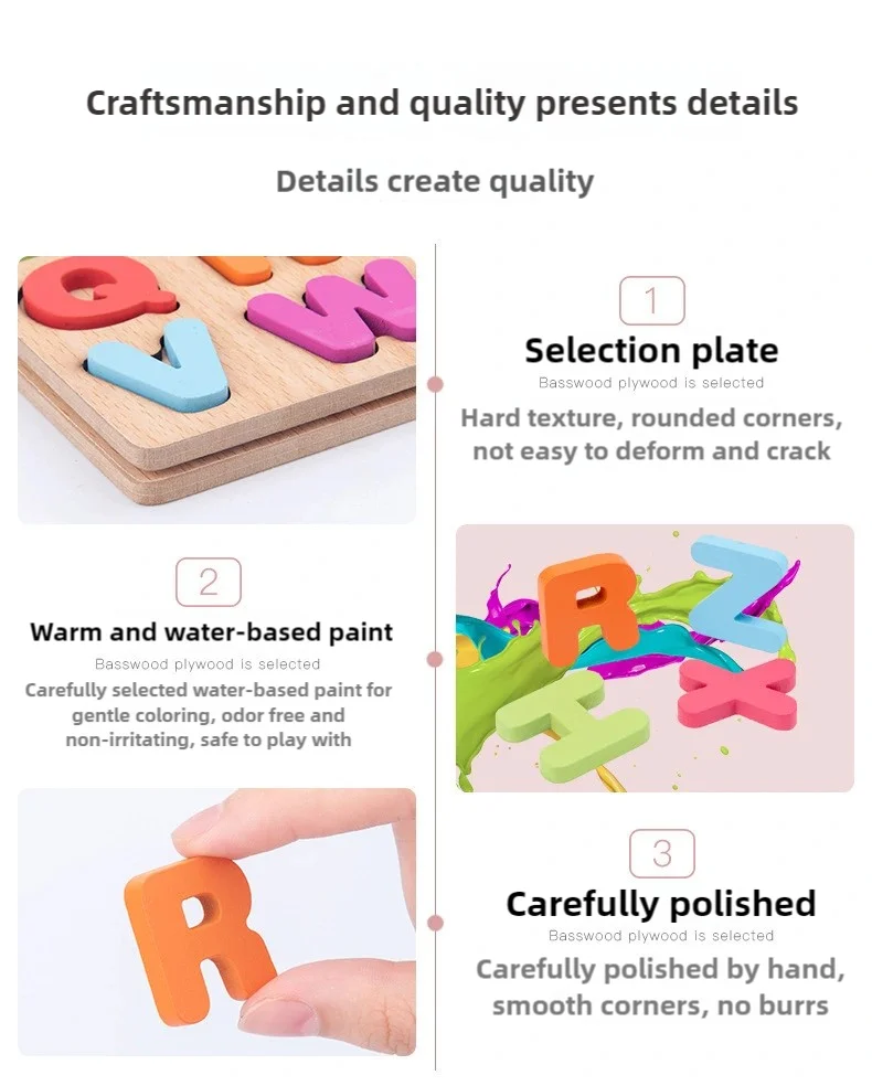Details of a wooden alphabet puzzle showing selection plates, paint, and polished letters.