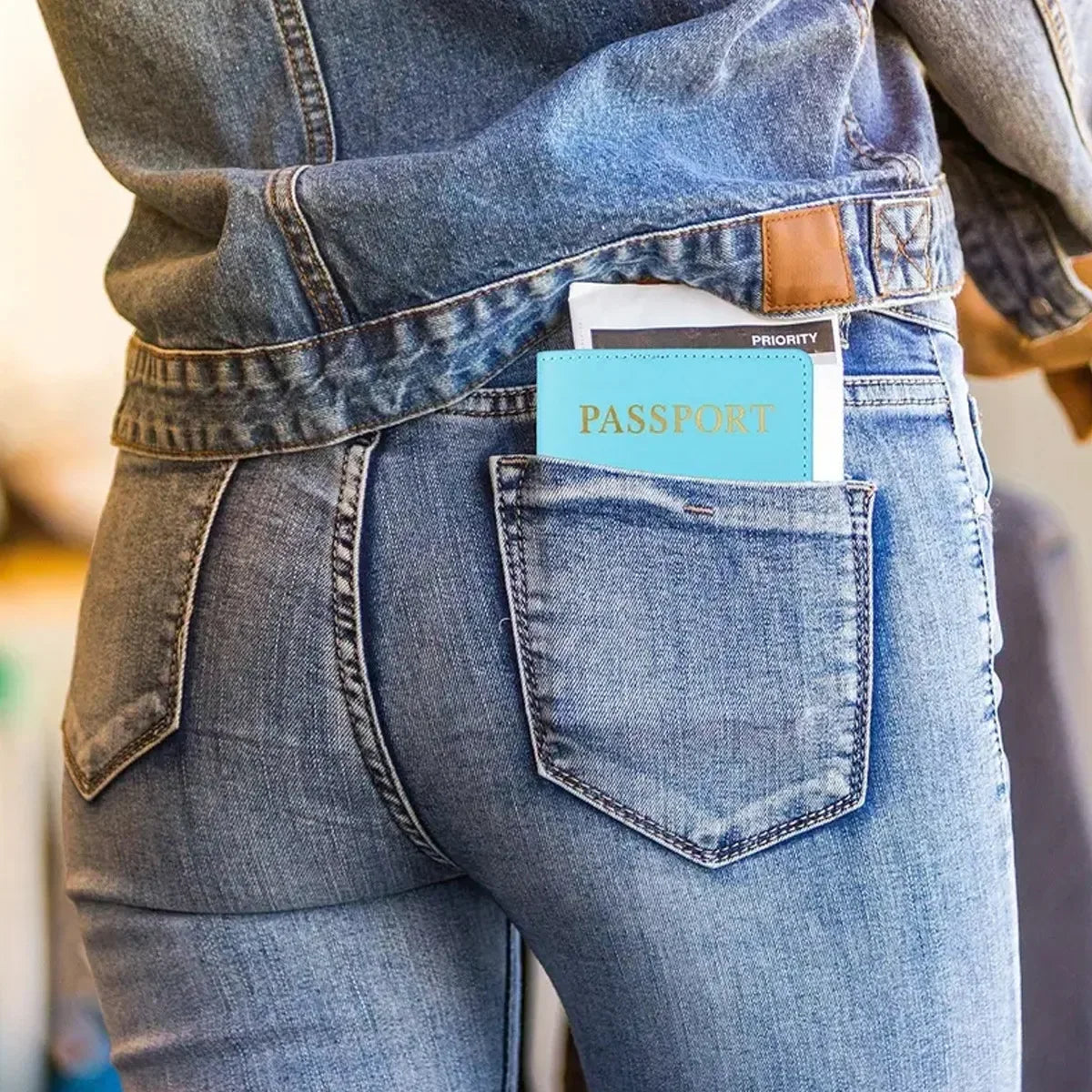 Nahaufnahme einer Jeanstasche, die einen hellblauen Reisepasshalter mit einem Prioritäts-Tag hält.