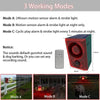 Three modes of a solar-powered motion sensor alarm featuring gunshot sound, dog barking, or custom recording sounds.