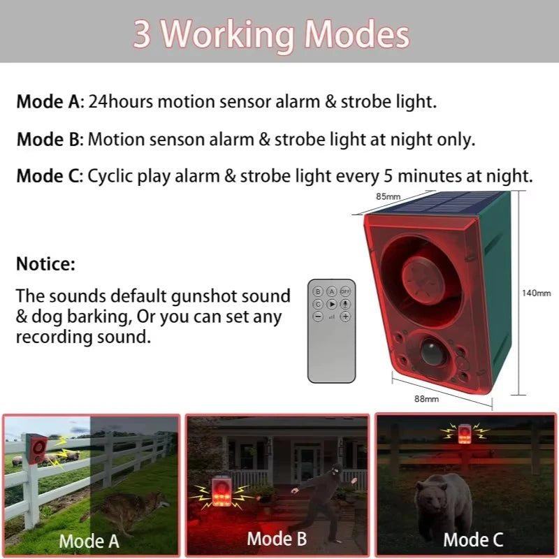 Three modes of a solar-powered motion sensor alarm featuring gunshot sound, dog barking, or custom recording sounds.