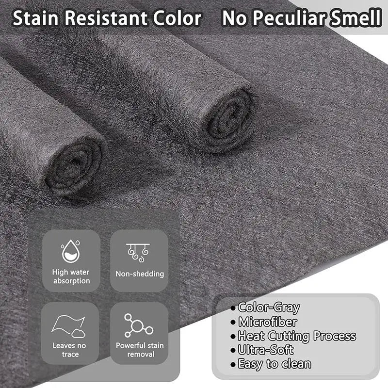 Rolls of gray stain resistant microfiber cleaning cloths showing features like high water absorption and easy cleaning.
