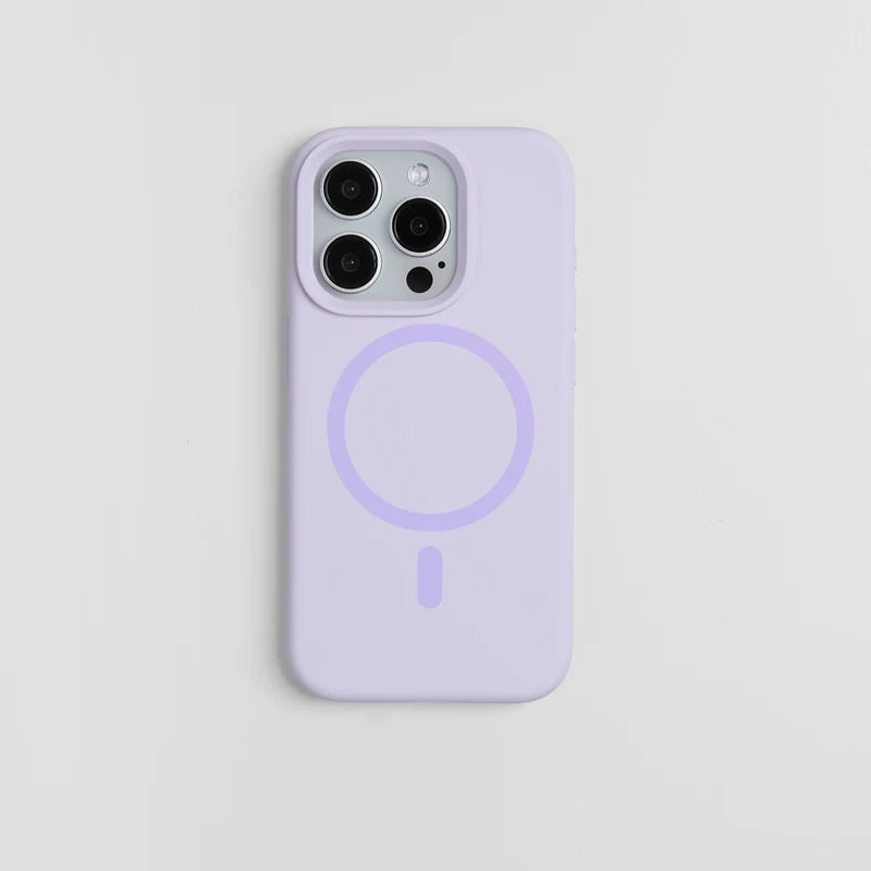 Coque de téléphone en silicone liquide violet clair compatible MagSafe avec un design circulaire blanc.