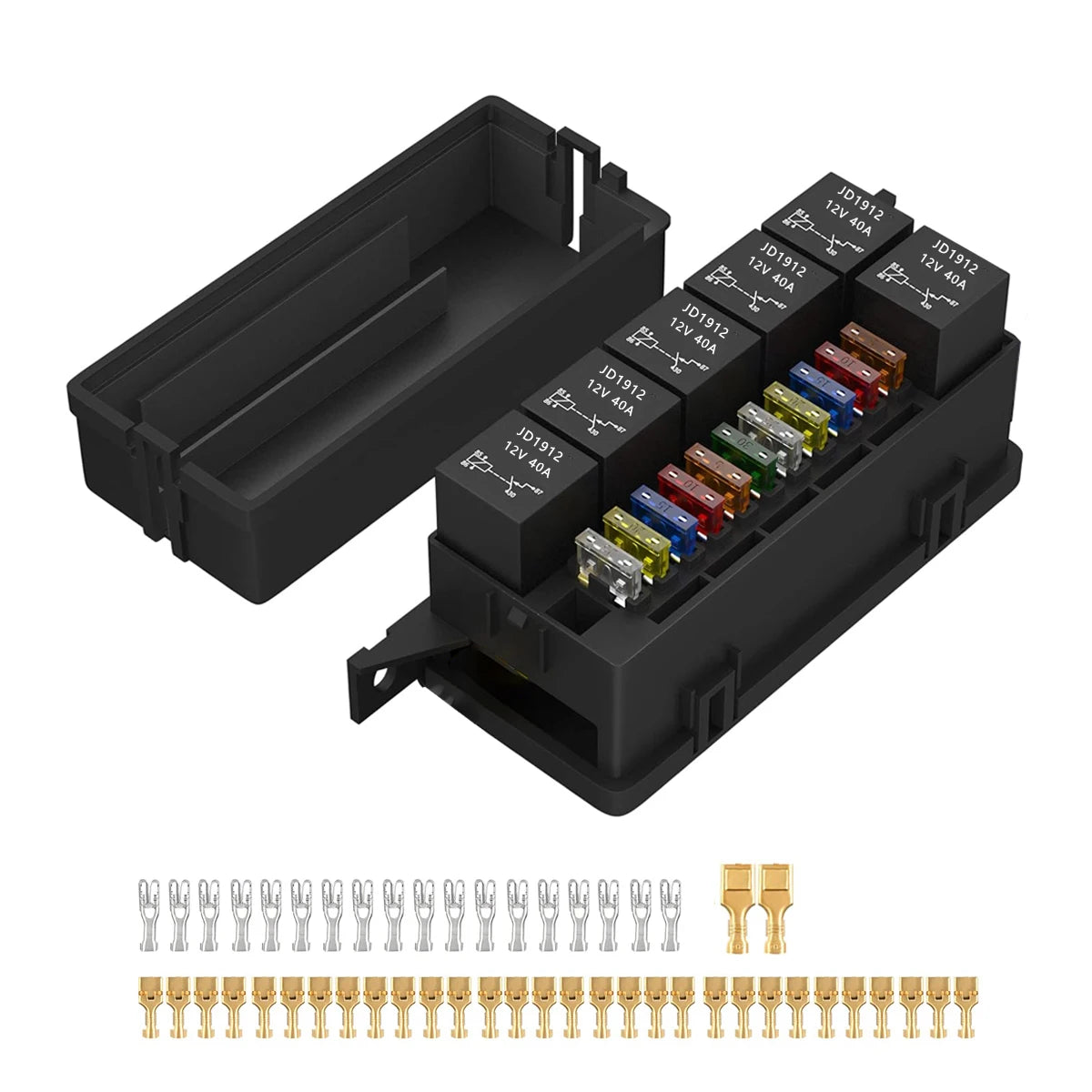 Black waterproof relay and fuse box with ATC/ATO blade holder and electrical connectors