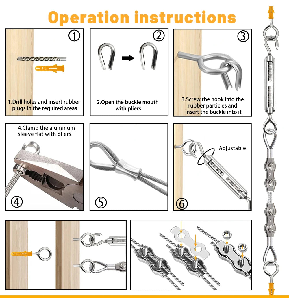 Operation instructions showing how to use a PVC-coated stainless steel wire rope with sleeves and buckles.